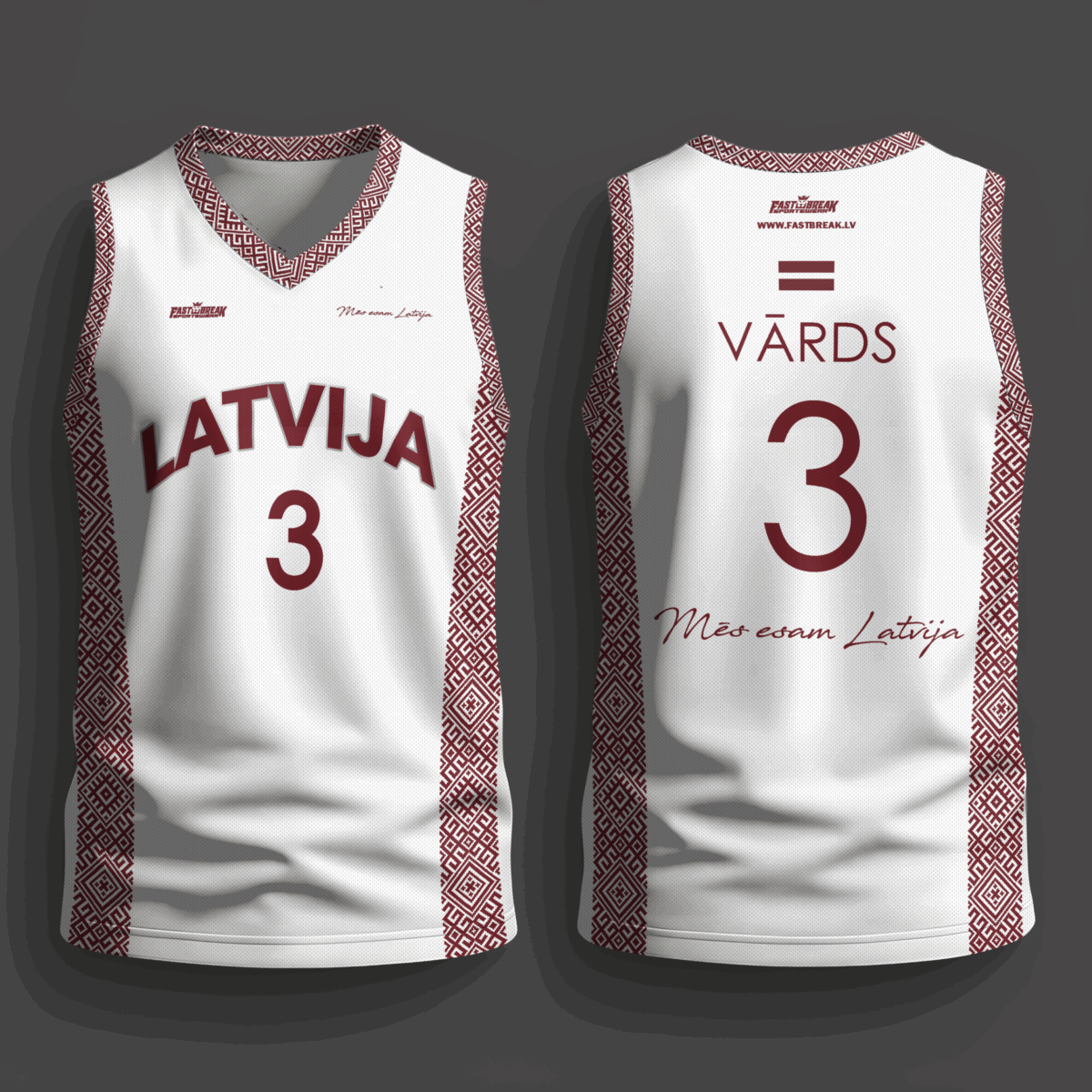 FASTBREAK.LV Latvijas Basketbola Fanu Krekls Raksti - BALTS- Personalizēts